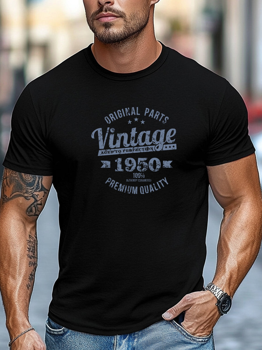 Men'S Original Parts Vintage Pattern Summer Casual Round Neck Short Sleeve T-Shirt - Black