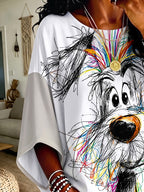 Plus Size Women'S Top, White with Multicolor Graffiti Puppy Pattern, Loose Off-Shoulder Sleeve Design, Fun Graffiti Dog Sweatshirt - White