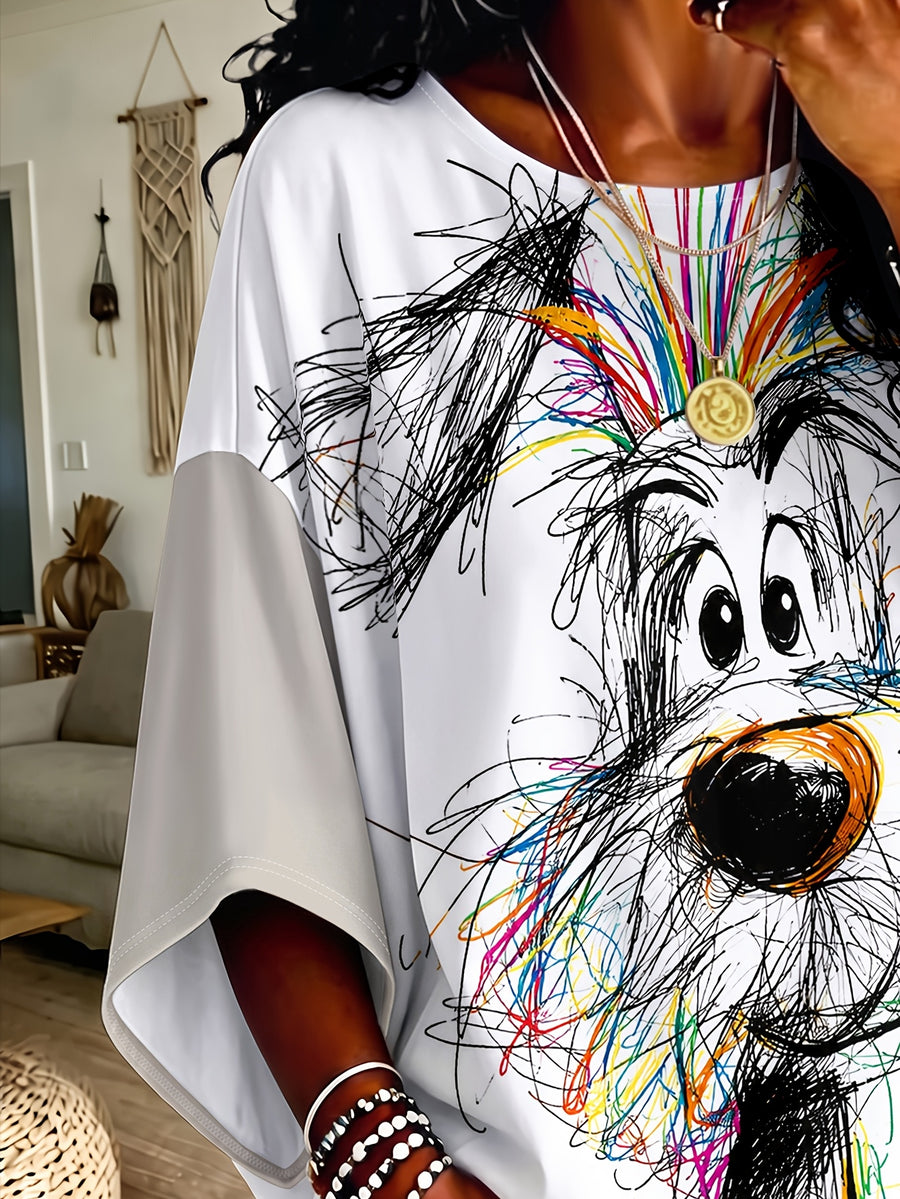 Plus Size Women'S Top, White with Multicolor Graffiti Puppy Pattern, Loose Off-Shoulder Sleeve Design, Fun Graffiti Dog Sweatshirt - White
