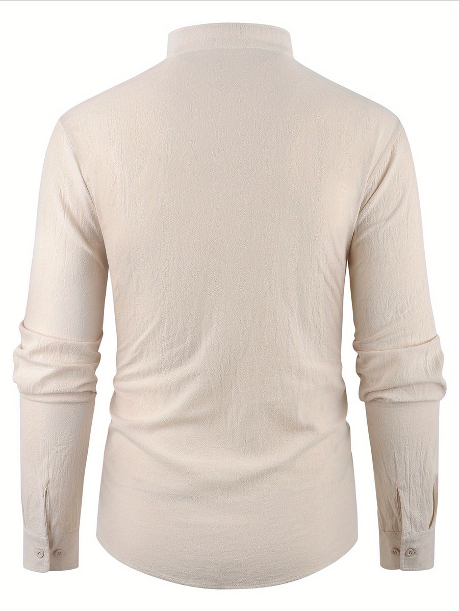 Men'S Casual Shirt Spring Summer Solid Color Dress Shirt Stand Collar Casual Lightweight Shirt Men'S Top - Khaki