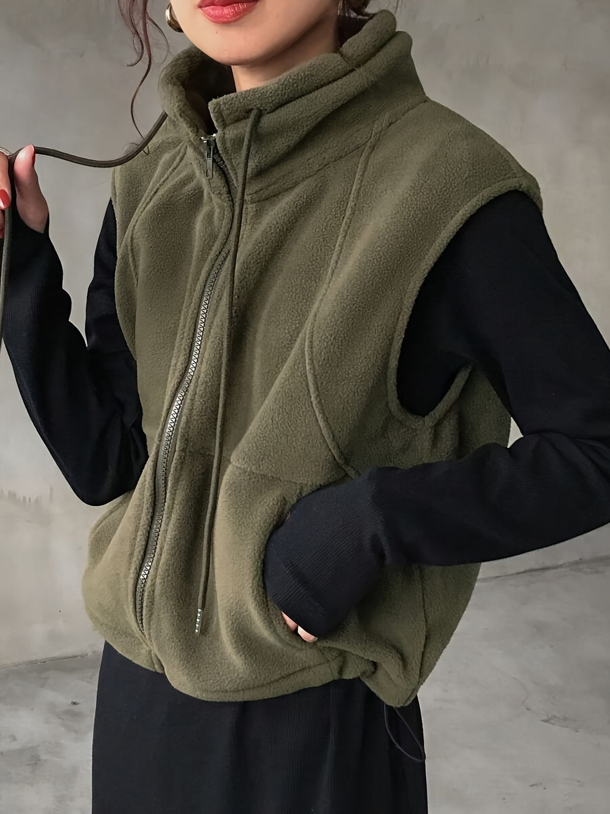 Drawstring Pocket Zipper Casual Vest - Olive Green