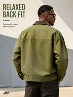 Men'S Color-Block Collar Cargo Jacket, Zipper Button-Front Double Breasted, Multi-Pocket Chest, Drop Shoulder Loose Short Retro Streetwear Coat - Olive