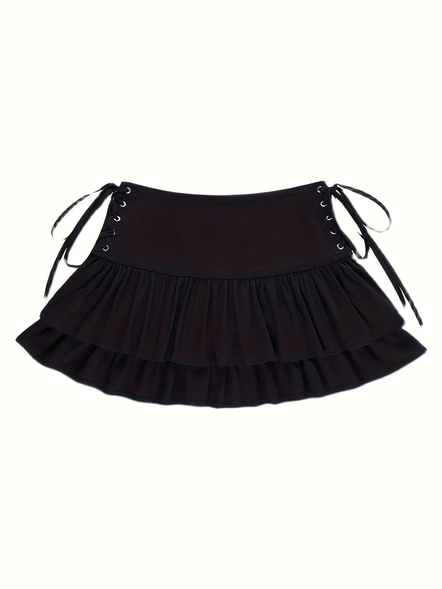 Women'S Black Tiered mini skirt - Side Metallic eyelets & lace-like accents, flared layers for party, office, Everyday - Non-See-Through Formal & Casual Outfits - JY0416007, Party Attire, Layered Design, Office Wear, Stylish Eyelets, Durable Fabric - Black