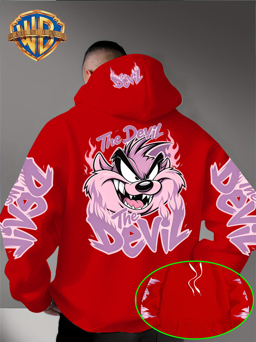 Le Yitong Tasmanian Devil Big Mouth Monster Print Hoodie, with Sleeve Print Design, Kangaroo Pouch And Drawstring Hood, Suitable for Autumn/Winter Casual Wear And Outdoor Activities - Red