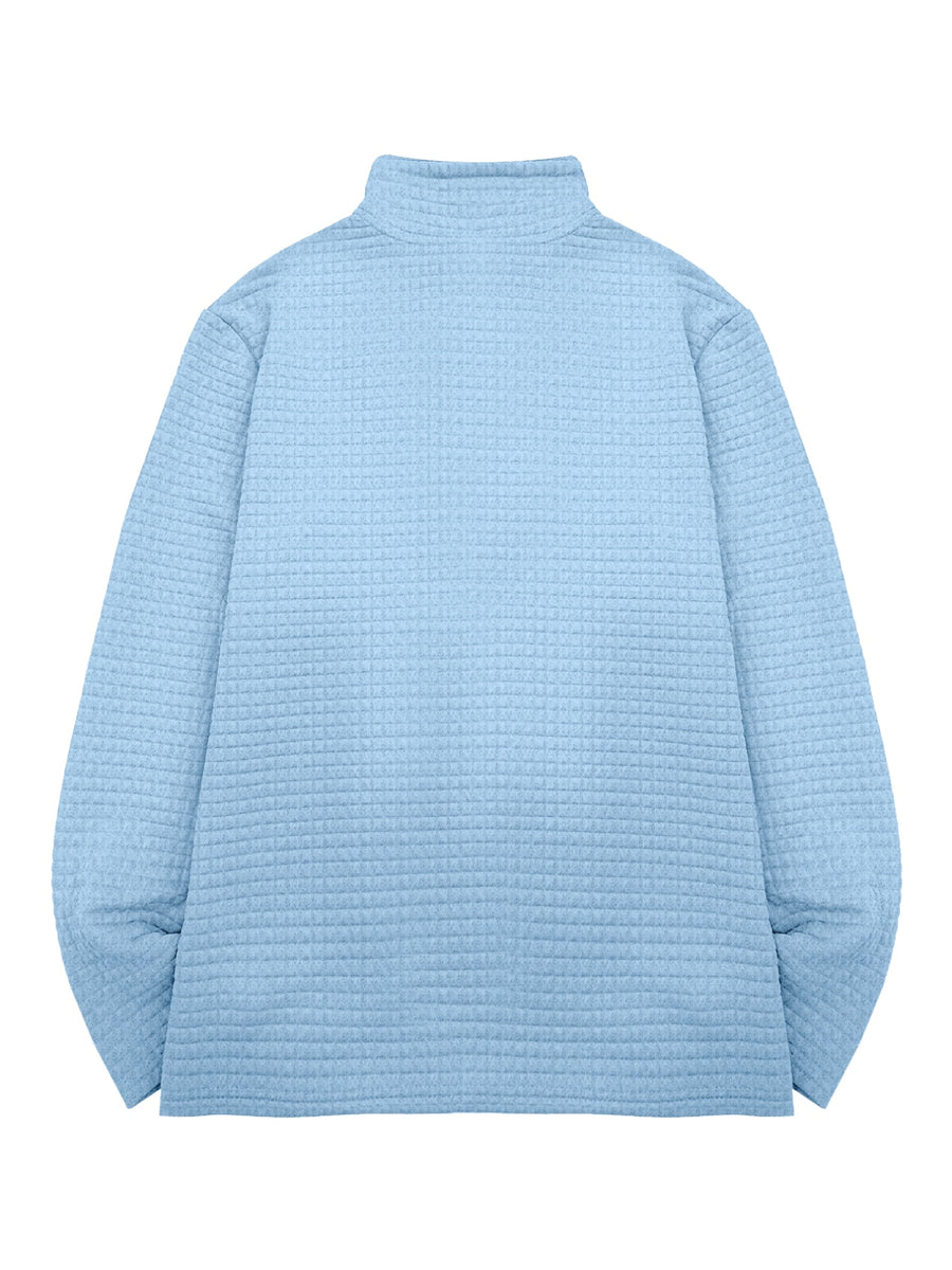 National Charm Tiger Head Line Art Print Floral Waffle Knit Half-Zip Polo Long Sleeve Men's Casual Top, Featuring a Simple and Premium Texture That Complements All Dressing Styles. Easily Create a Minimalist Look, Whether for Daily Commutes - Light Blue