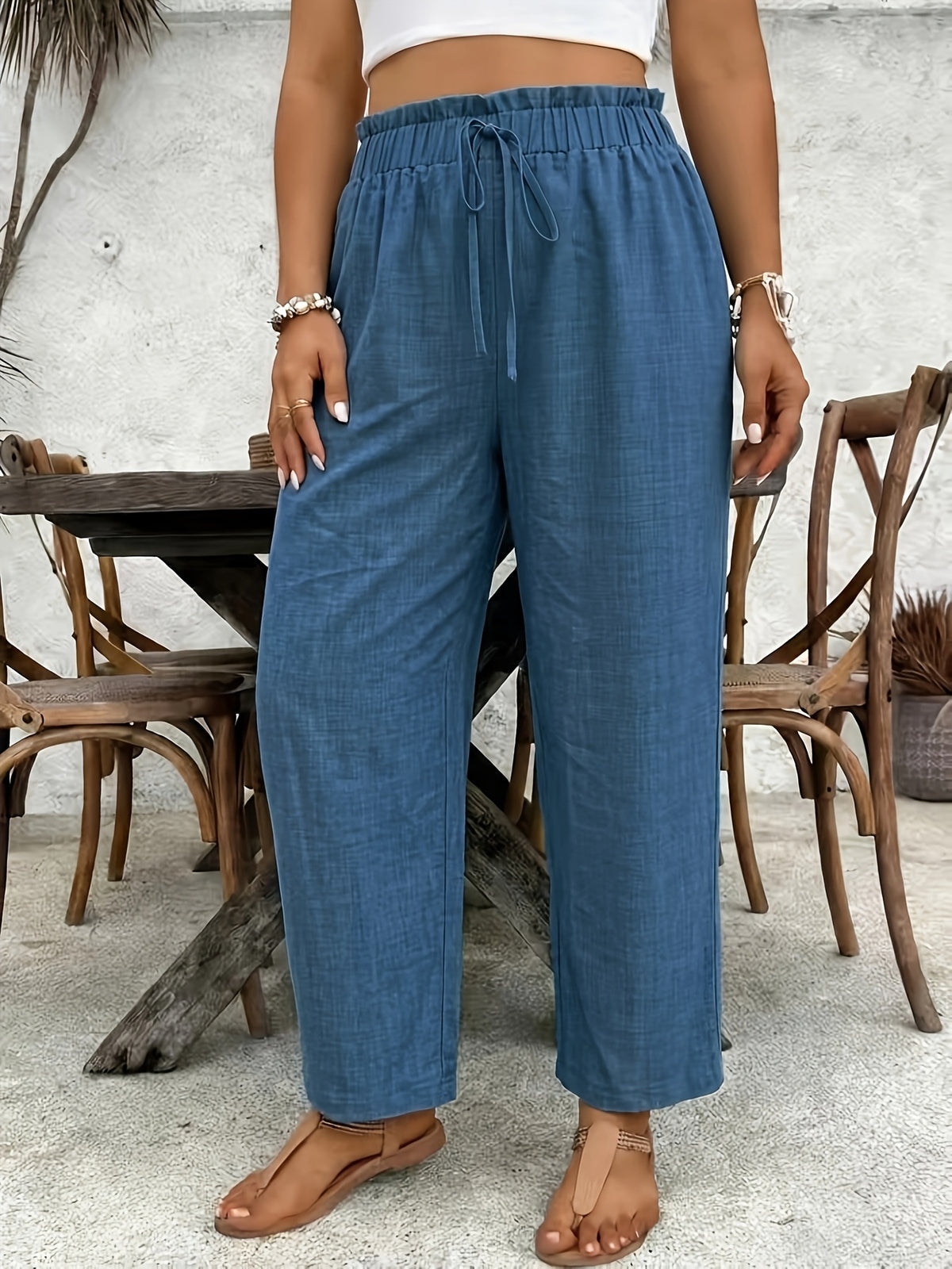 Summer Thin Breathable Straight Leg Pants Light Blue Wide Leg Trousers Women'S High-Waist Elastic Waist Drape Ankle Length Casual Pants Tie-Waist Elastic Waist Loose All-Match Casual Wide Leg Trousers - Peacock Blue
