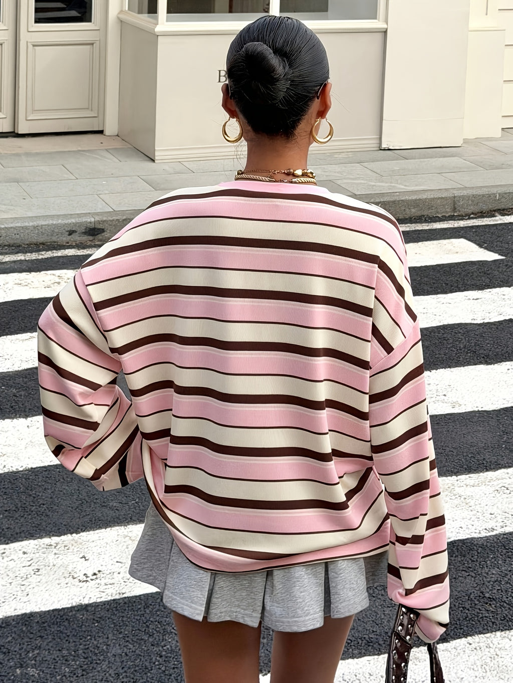 Western Women'S Spring Autumn Round Neck Full Body Printed Colored Stripes Loose Casual Athletic Long Sleeve T-Shirt - Mixed colors