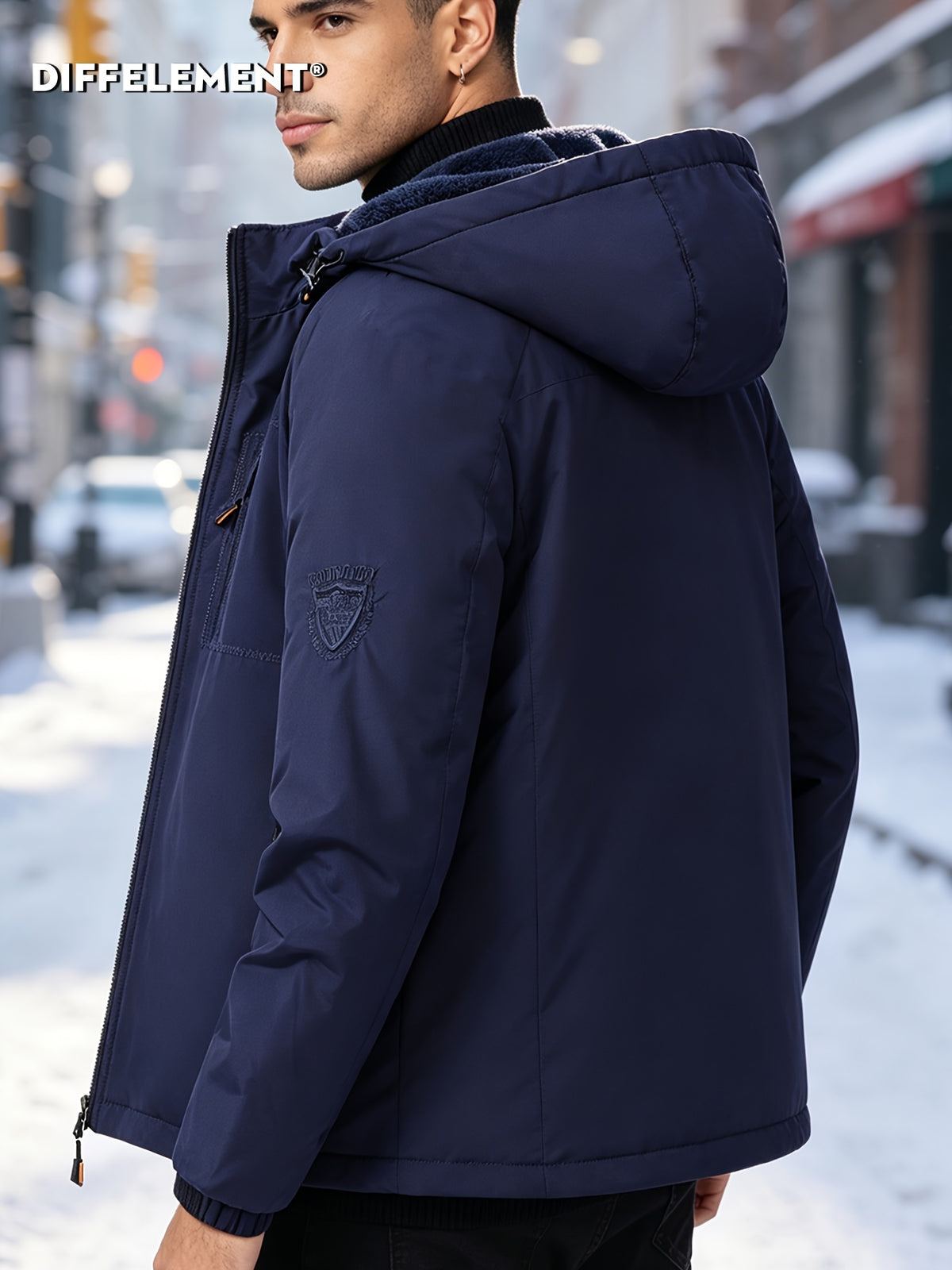 Men'S Fleece-Lined Hooded Winter Jacket, Thermal Warm Windproof Cold-Resistant Coat, Regular Fit Adjustable Hood Outerwear for Snow Skiing, Hiking, Daily Winter Commute with Multi-Zipper Pockets, Adjustable Cuffs & Embroidered Badge Logo - Navy Color