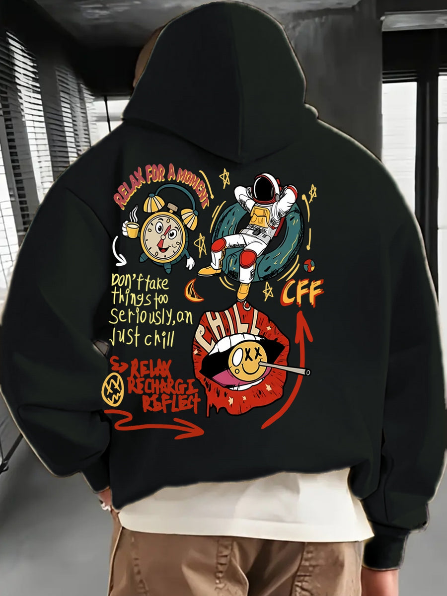 Men'S Fashion Hoodie, Loose Fit Casual Top, Print with "Astronaut" Lettering Print Pattern, Long-Sleeved Sweatshirt with Kangaroo Pocket, Casual Polyester Knit Fabric, Machine Washable Suitable for Outdoor Leisure Wear - Black