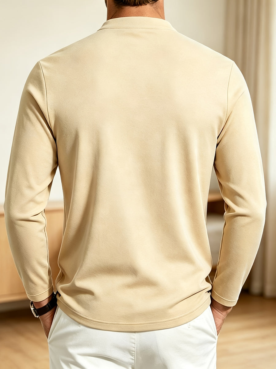 Men Spring Autumn Textured Mandarin Collar Henley 5-button Long Sleeve Top. Slim Soft Breathable Wrinkle-resistant Long Tee for Daily Business Commute & Casual Wear. - Apricot