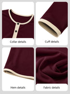 Men'S Retro Color-Block Casual Henley Long Sleeve, Spring Summer Autumn Regular Fit Fashionable Versatile T-Shirt, Solid Color, Knit Fabric, Breathable Comfortable Henley Long Sleeve, Half-Button Round Neck Design, Multiple Colors Available - Maroon 2