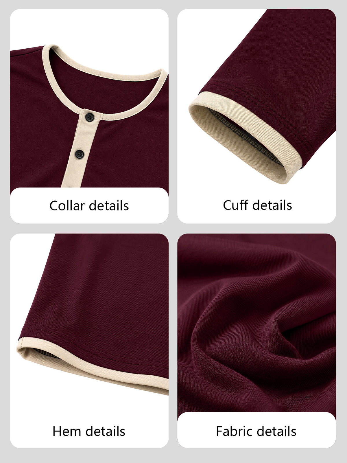 Men'S Retro Color-Block Casual Henley Long Sleeve, Spring Summer Autumn Regular Fit Fashionable Versatile T-Shirt, Solid Color, Knit Fabric, Breathable Comfortable Henley Long Sleeve, Half-Button Round Neck Design, Multiple Colors Available - Maroon 2