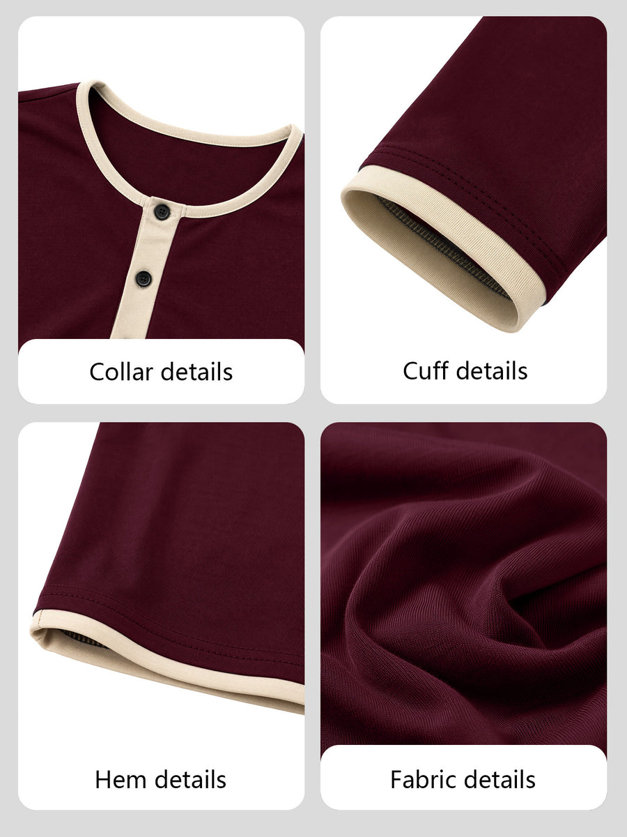Men'S Retro Color-Block Casual Henley Long Sleeve, Spring Summer Autumn Regular Fit Fashionable Versatile T-Shirt, Solid Color, Knit Fabric, Breathable Comfortable Henley Long Sleeve, Half-Button Round Neck Design, Multiple Colors Available - Maroon 2