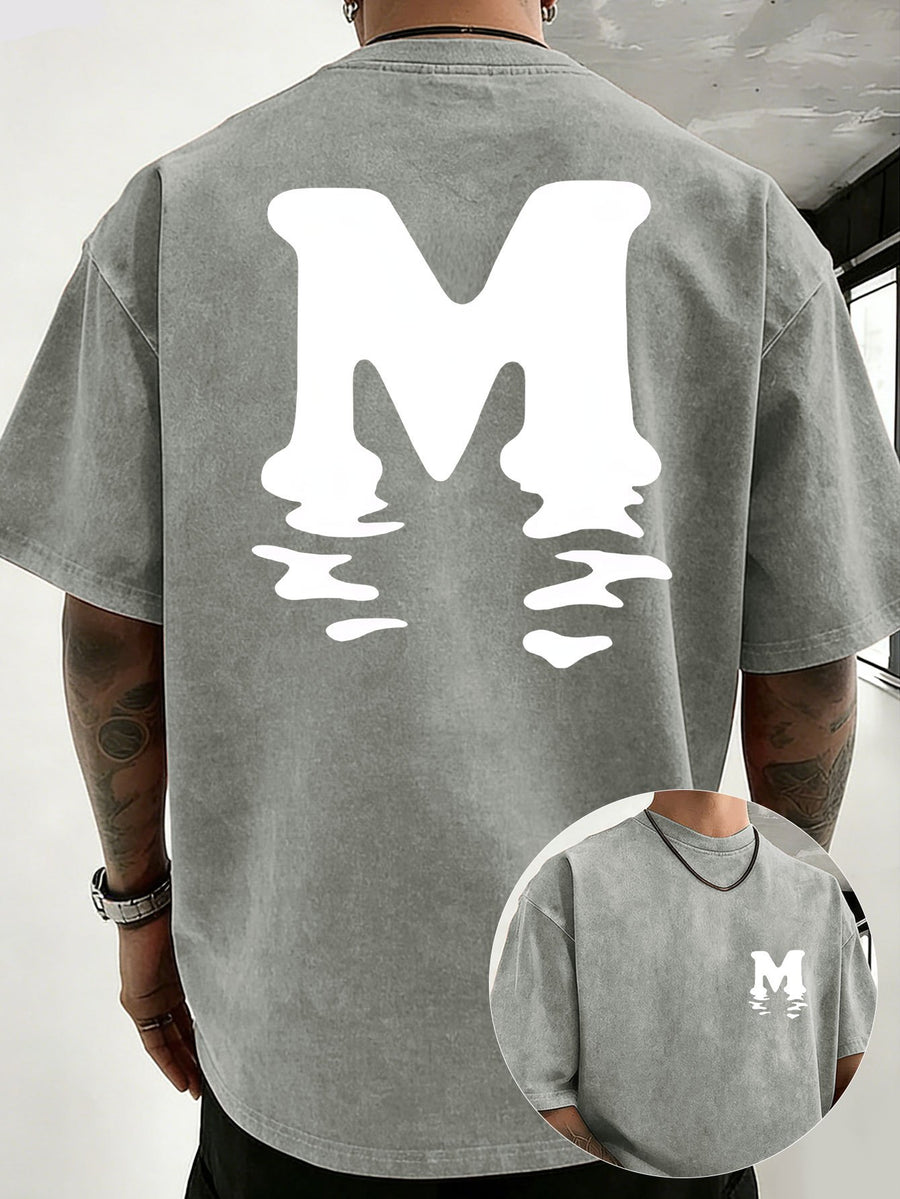 Unisex 100% Cotton Washed Vintage Crew Neck Short-Sleeve T-Shirt, Double-Sided Position Print, Trendy Loose Casual Top, 12 Colors Available - Grey