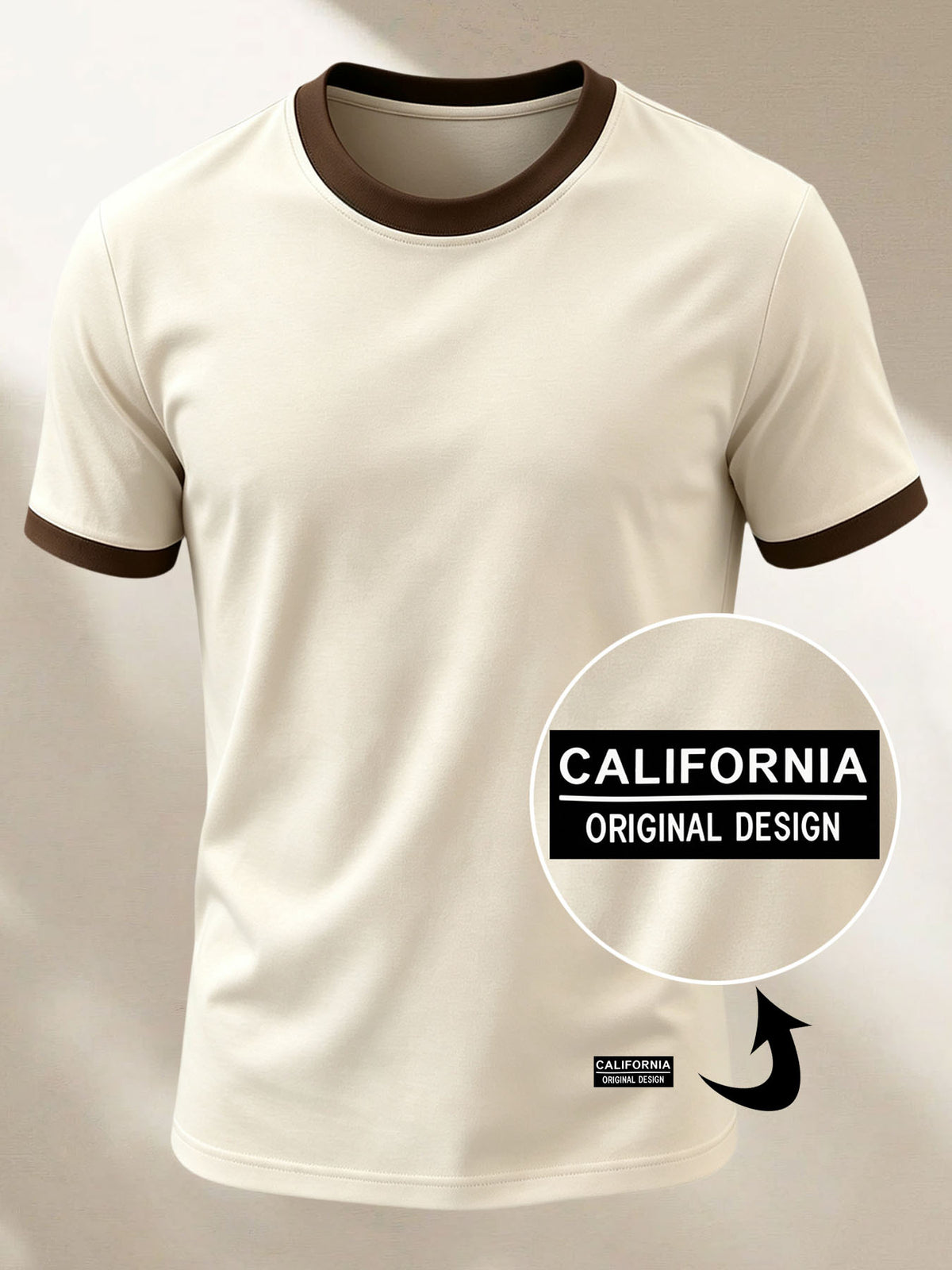100% Cotton Men's Knitted Color-Block Crew Neck Patched T-Shirt, Summer All-Season Base Layer, Factory-Made for Men, Comfortable, High Quality, High Fit Rate, Casual Sportswear with Contrast Hem and Patch Appliqué - Apricot Coffee ZZ011