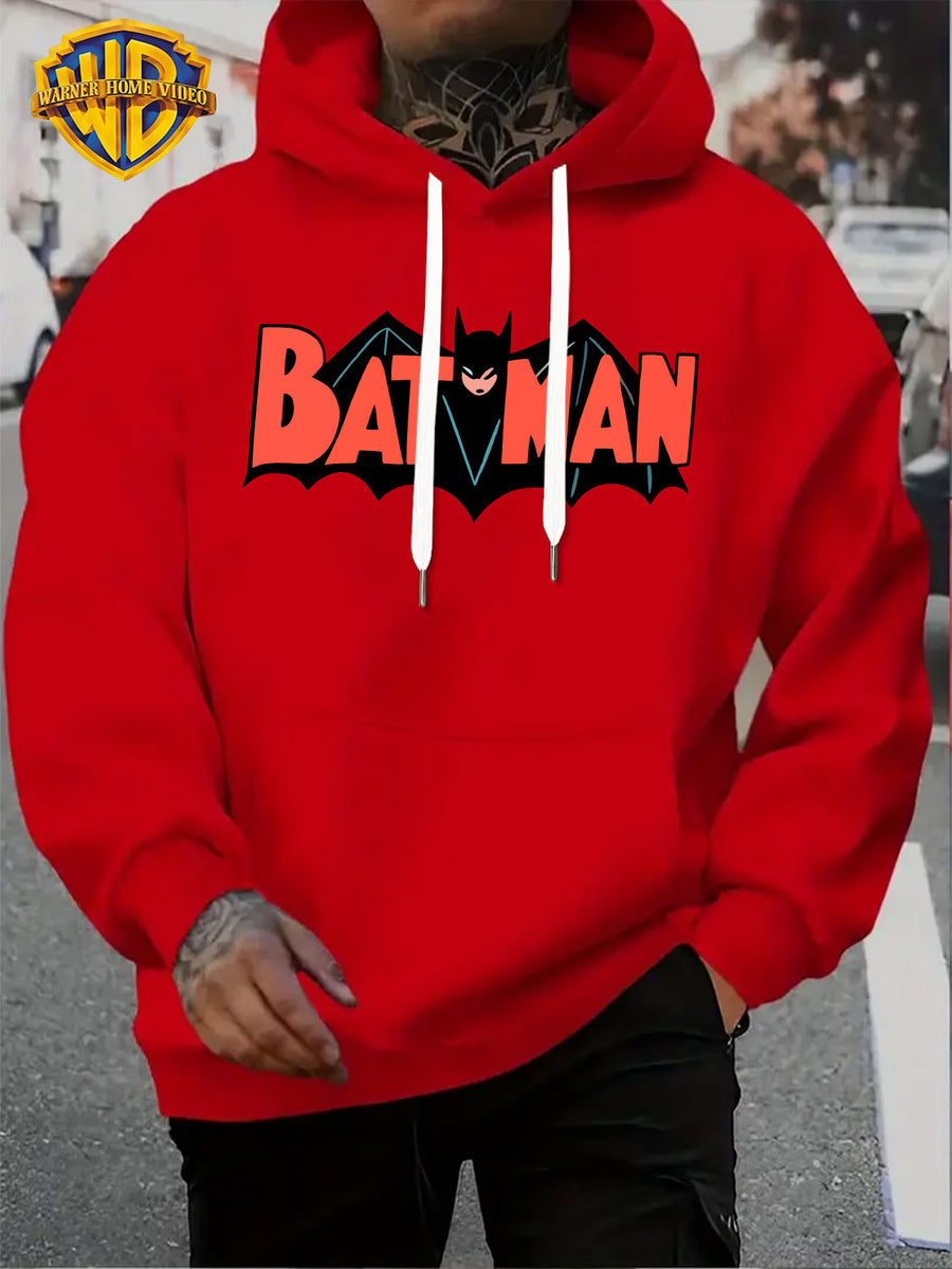 Warner Official Men'S Retro Comic Style Batman Hot-Blooded Trendy Printed Drawstring Hoodie, Warm And Machine Washable for Autumn And Winter, Multifunctional Street Sports And Leisure Loose Edition - Red