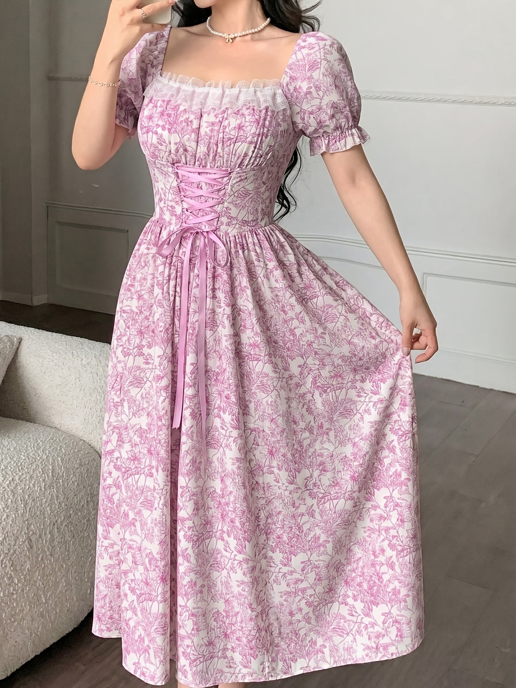 Charming Romantic Dumb Flower Patchwork Lace Collar Long Sleeve Waist-Cinching Elegant Dress, Vacation Wear, Women'S Dress - Light Purple