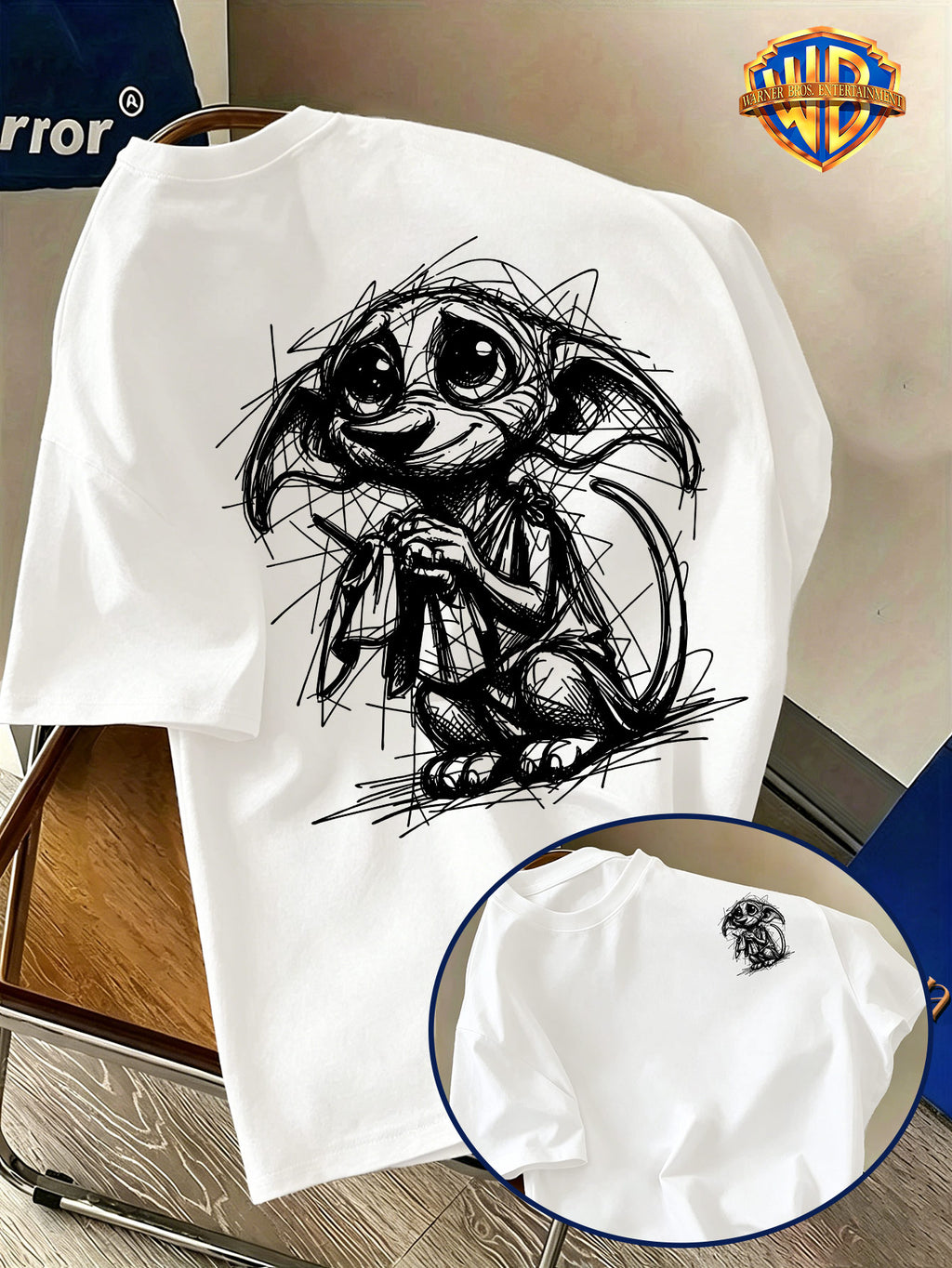 Halloween Back-to-School Season Men's Pure Short-Sleeve T-Shirt, Officially Licensed Warner Bros. Doodle Line Art Dobby Print, Versatile Casual Spring/Summer Regular Fit Top, Breathable and Skin-Friendly, Suitable for Daily Outings, Outdoor Leisure - White