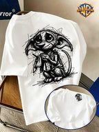 Halloween Back-to-School Season Men's Pure Short-Sleeve T-Shirt, Officially Licensed Warner Bros. Doodle Line Art Dobby Print, Versatile Casual Spring/Summer Regular Fit Top, Breathable and Skin-Friendly, Suitable for Daily Outings, Outdoor Leisure - White