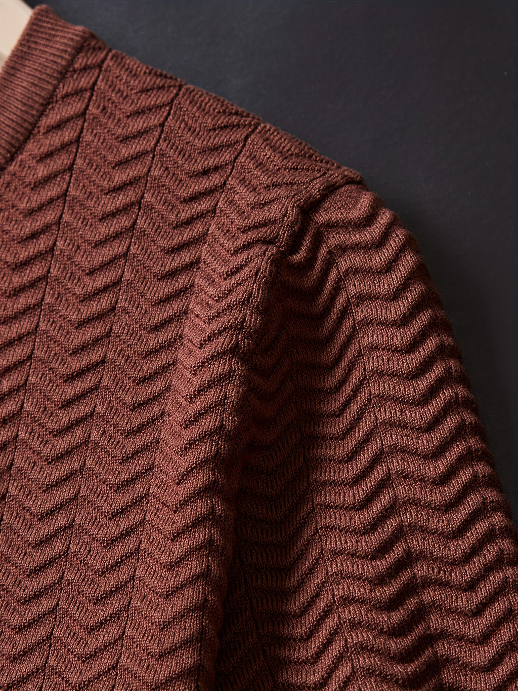 Men's Knit Short Sleeve Sweater, Heavy Craft Wave Jacquard Slimming Vertical Stripes, Stylish Trendy Thermal Base Layer, Thick Half Sleeve for Spring Autumn Winter, High-Quality Pullover, Can Be Worn Alone or as a Base Layer - Coffee Color