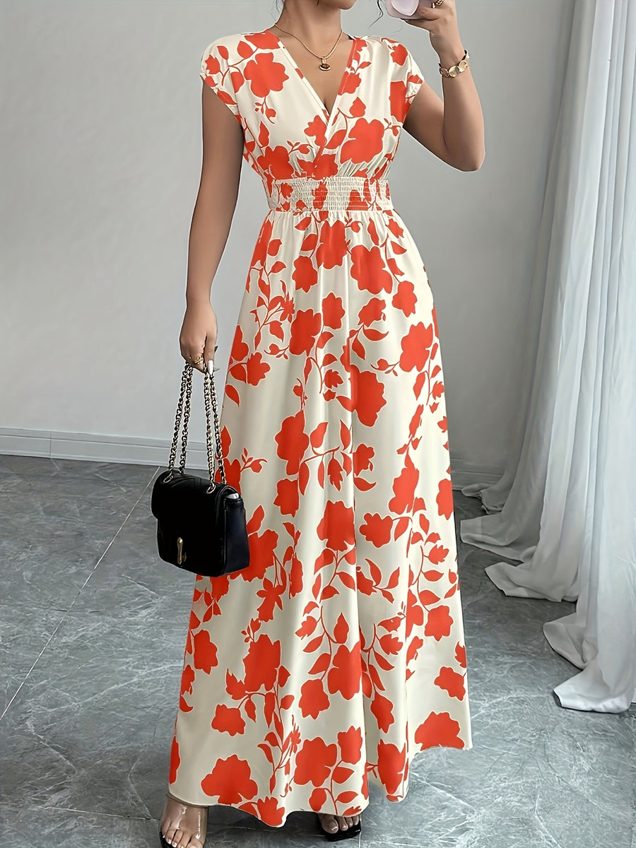 Elegant Pink Floral Maxi Dress with V-Neck and Short Sleeves - Flowing A-Line Silhouette, Cinched Waist, Perfect for Spring/Fall, Casual to Formal Wear, Casual Elegant Wear | Floral Print Dress | Cinched Waist Design - Orange-Red