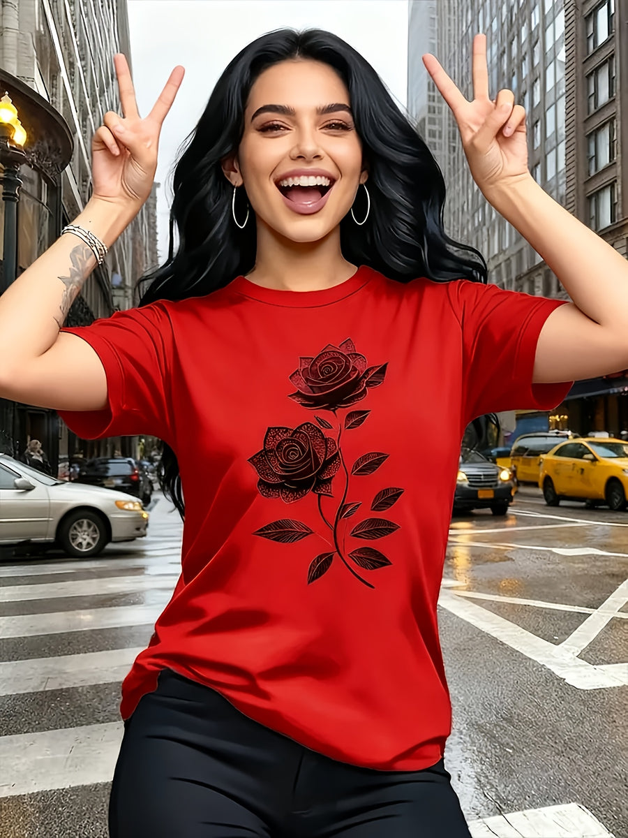 Elegant Women'S T-Shirt | Unique Rose Pattern - Casual Crew Neck Top | Breathable, Lightweight, Perfect for Spring And Summer Wardrobe - Red