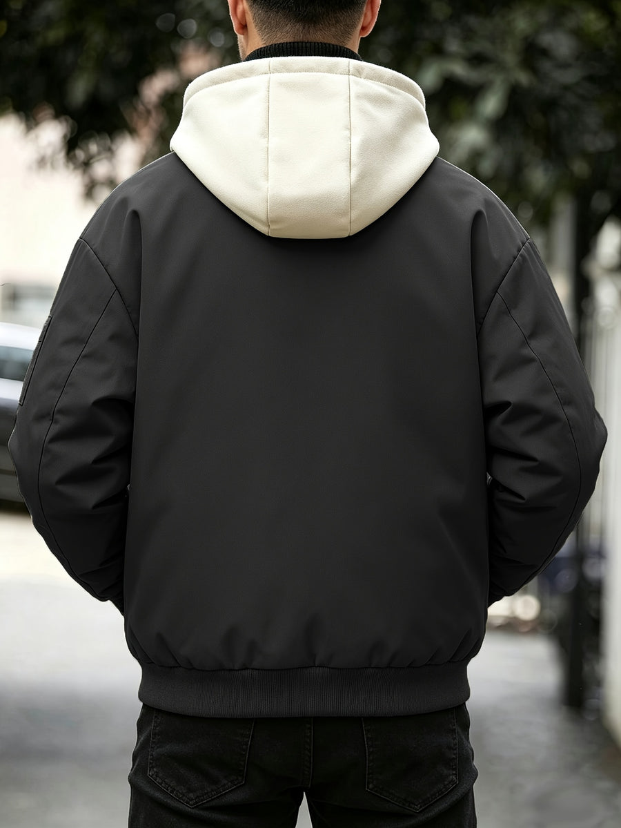 Men's Color-Block Hooded 2-in-1 Look Padded Coat, Structured Windproof Fabric, Zippered Pockets, Street Casual Style, Suitable for Daily Outings and Commuting, Trendy Outerwear-6021 - Black