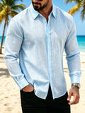 Men'S Summer Tencel Texture Lapel Long Sleeve Shirt, Casual Breathable Loose Vacation Style Button-Up. Tencel Texture with Delicate Pleated Feel, Breathable And Skin-Friendly, Non-Stuffy Fit, Classic Lapel Design, Convertible Sleeve Length - Sky Blue
