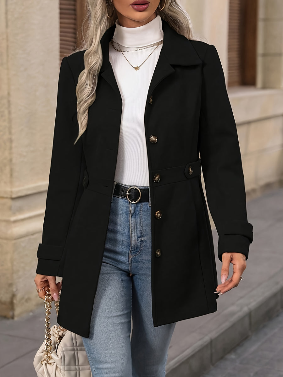Elegant Women's Fashion Tweed Coat, Stylish Waist-Cinching Mid-Length Solid Color New Autumn/Winter Overcoat - Black