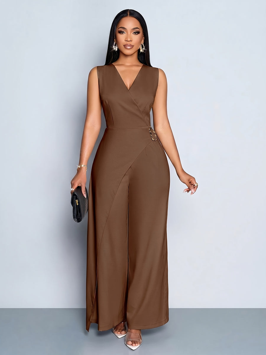 Women's Casual and Elegant Sleeveless Jumpsuit, Business Casual Wear, Simple Style Office Attire for Women - Coffee Color