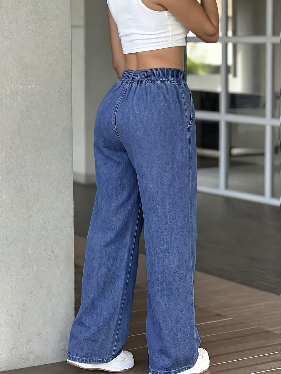 Women's Solid Color High-waist Straight-leg Jeans with a Drawstring Elastic Waistband, Loose Fit, All-season Casual Pants, Lightweight and Comfortable Wide-leg Trousers, Suitable for Daily Wear - Navy Color