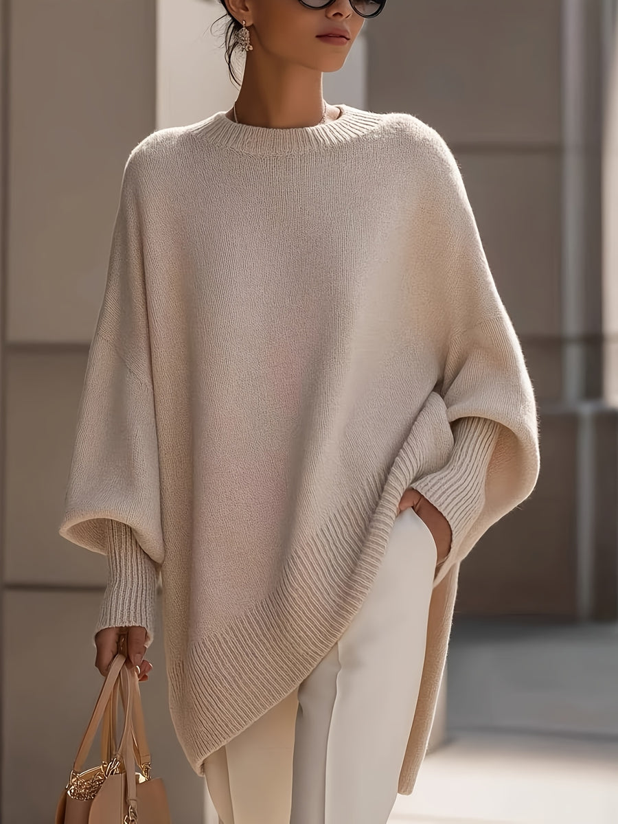 French-style Relaxed Silhouette Top, Irregular Slanted Hem Loose Lantern Sleeve Sweater, Gentle and Elegant Loose Fit That Is, Urban Casual Style - Apricot