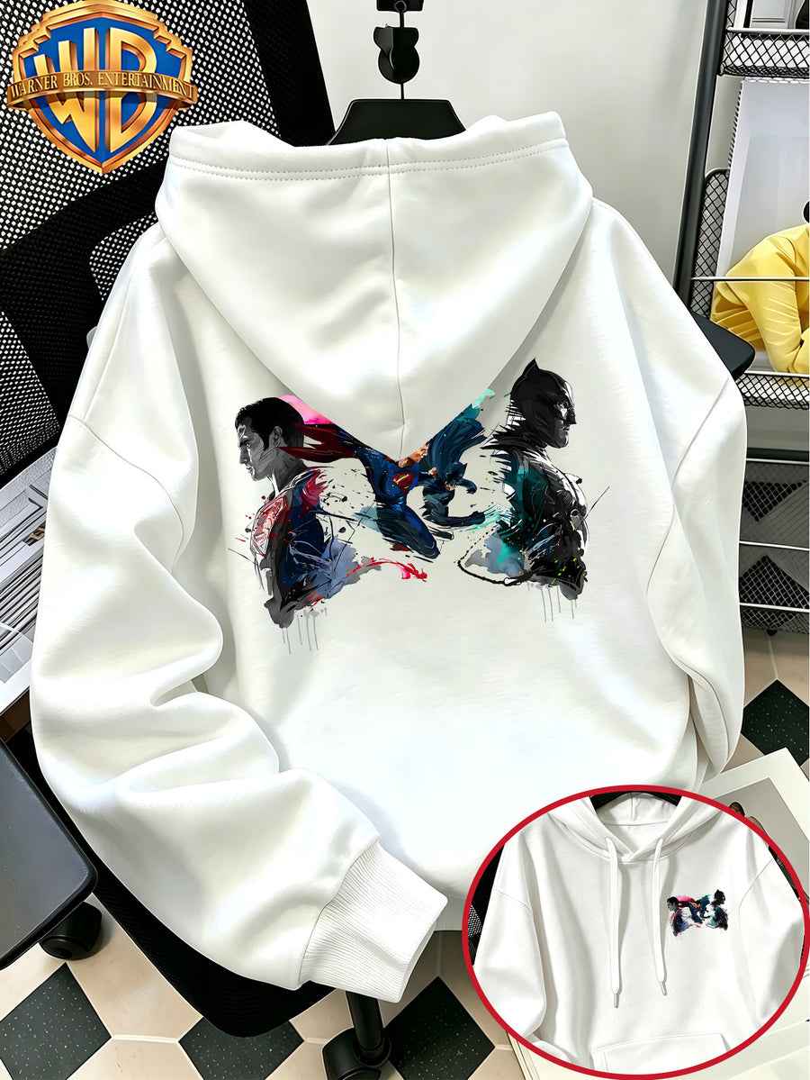 Autumn Winter Trendy Fashion Drawstring Pocket Hooded Men'S Sweatshirt, Ink Splatter Superman Batman Cool Print Design, Sporty Casual Loose Hoodie, Casual Wear for Daily Life, Trendy Style For, Suitable for Home And Outings, Unisex - White