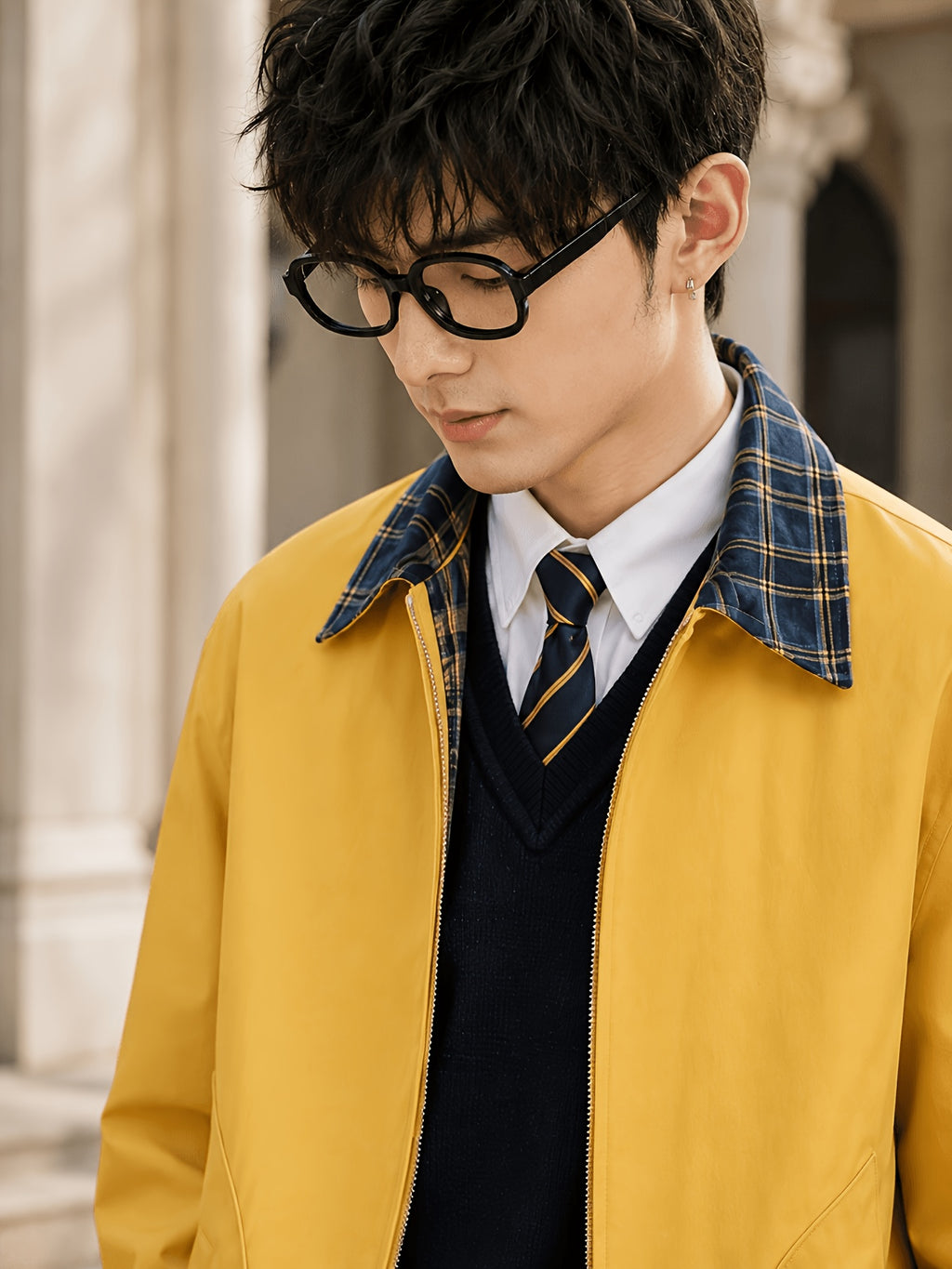 Men'S Spring Autumn Lapel Jacket, Retro Plaid Patchwork Collar Design, Loose Short Casual Top, Zippered Cardigan with Elastic Cuffs, Preppy Style Versatile Outerwear, Suitable for Commute, Campus, Streetwear, And Daily Wear - ginger-colored