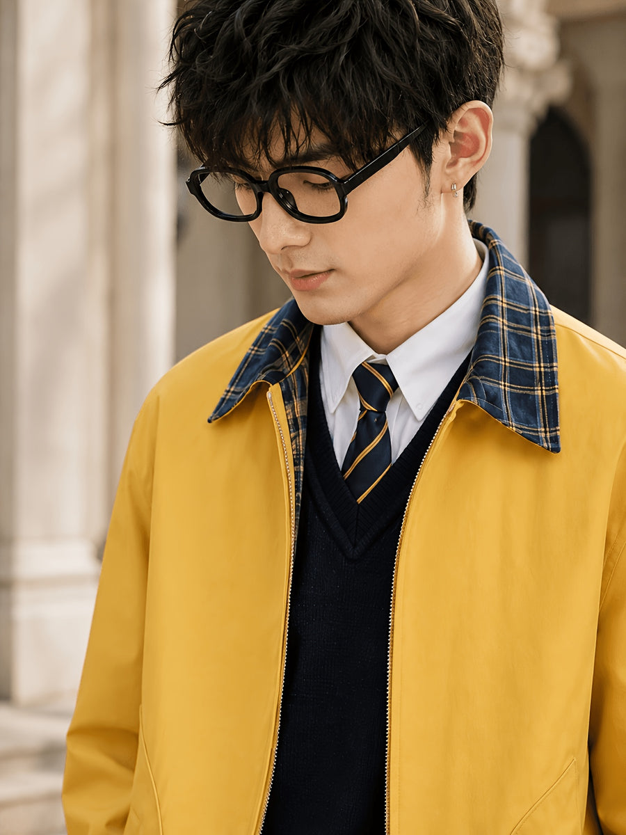 Men'S Spring Autumn Lapel Jacket, Retro Plaid Patchwork Collar Design, Loose Short Casual Top, Zippered Cardigan with Elastic Cuffs, Preppy Style Versatile Outerwear, Suitable for Commute, Campus, Streetwear, And Daily Wear - ginger-colored