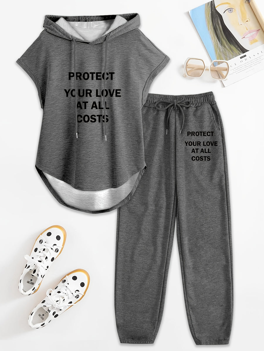 Women'S Two-Piece Drawstring Sleeveless Hooded Top And Summer Letter Print Pants, Elastic Waist Casual Pants, Pants Set - Dark Gray