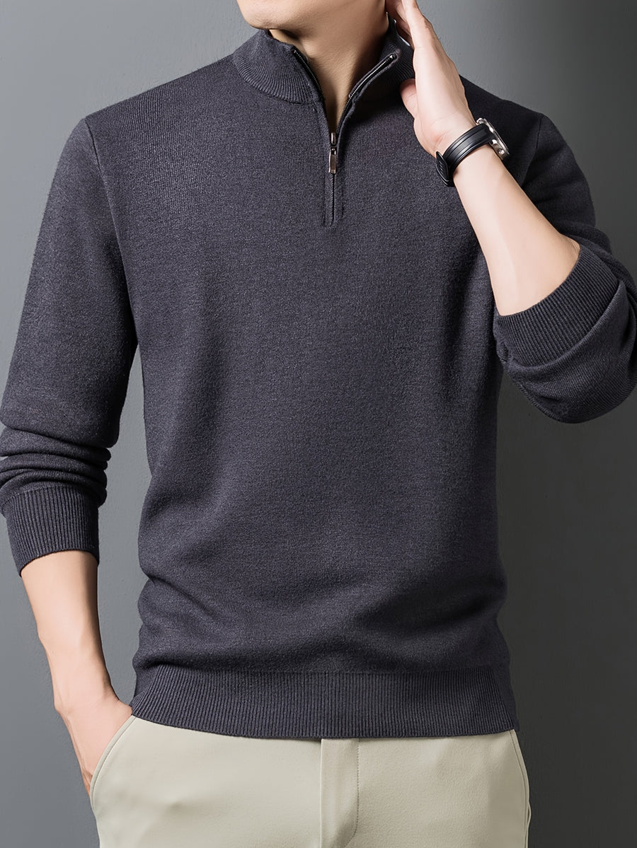 1pc Men'S Solid Color Small Stand Collar Knit Pullover Autumn Winter Zipper Casual Fleece Warm Top - Light Purple