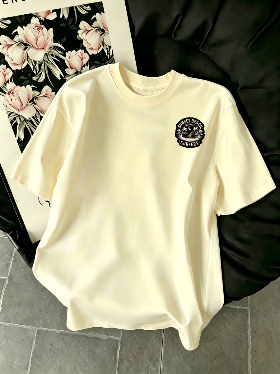 New Summer Style Men's Casual Sportswear Short-Sleeve Cotton T-Shirt with Coconut Tree and Crescent Moon Print, Moisture-Wicking and Comfortable for Fitness, Leisure, and Outdoor Activities - Apricot