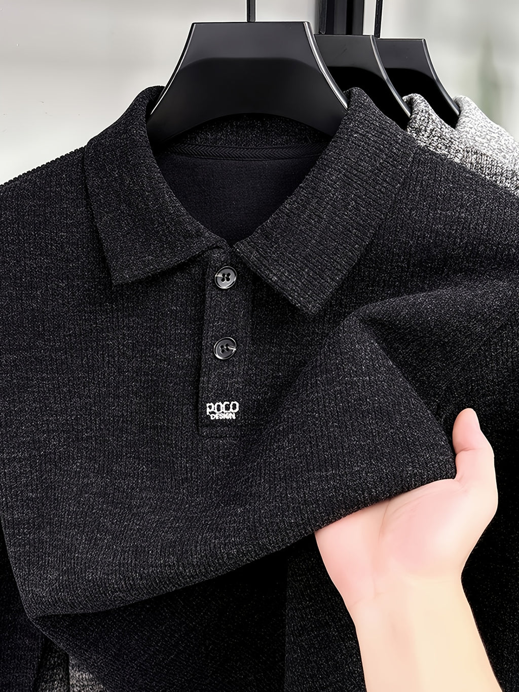 Men's Multi-Color Floral Yarn Lapel Polo Knit Shirt for Autumn, Long Sleeve Thick Pullover Top with Textured Finish, Suitable for Business Commuting, Business Trips & Parties, Daily Home Wear, and Casual Layering - NightSandBlack