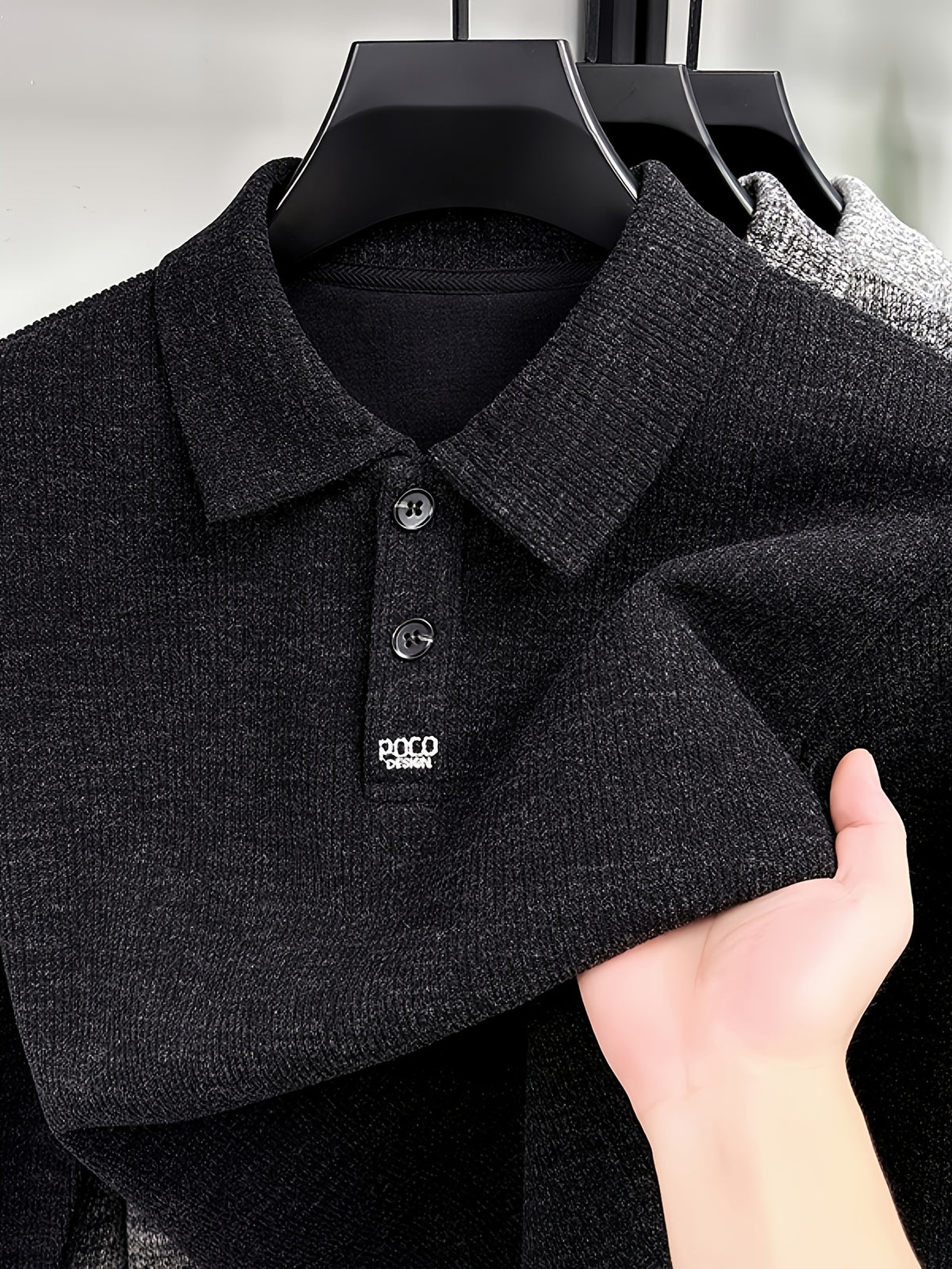 Men's Multi-Color Floral Yarn Lapel Polo Knit Shirt for Autumn, Long Sleeve Thick Pullover Top with Textured Finish, Suitable for Business Commuting, Business Trips & Parties, Daily Home Wear, and Casual Layering - NightSandBlack
