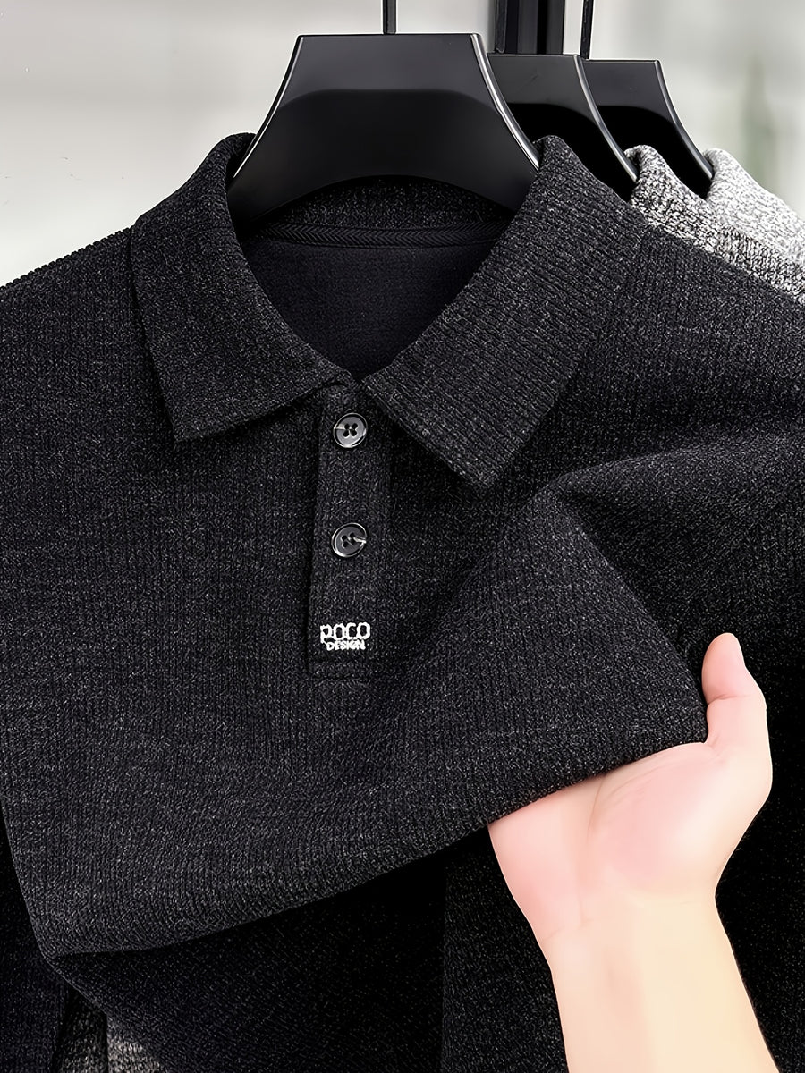 Men's Multi-Color Floral Yarn Lapel Polo Knit Shirt for Autumn, Long Sleeve Thick Pullover Top with Textured Finish, Suitable for Business Commuting, Business Trips & Parties, Daily Home Wear, and Casual Layering - NightSandBlack