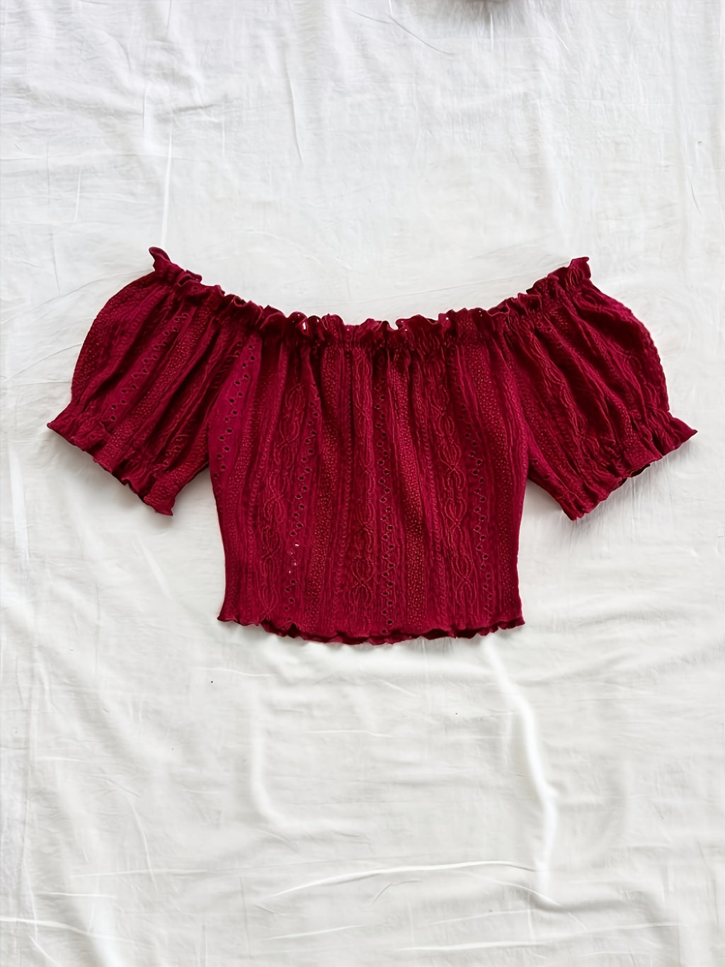 Women'S Bohemian Style Romantic Floral Vacation Style Floral Pattern Crop Off-Shoulder Top, Suitable for Daily Vacation Wear - Burgundy