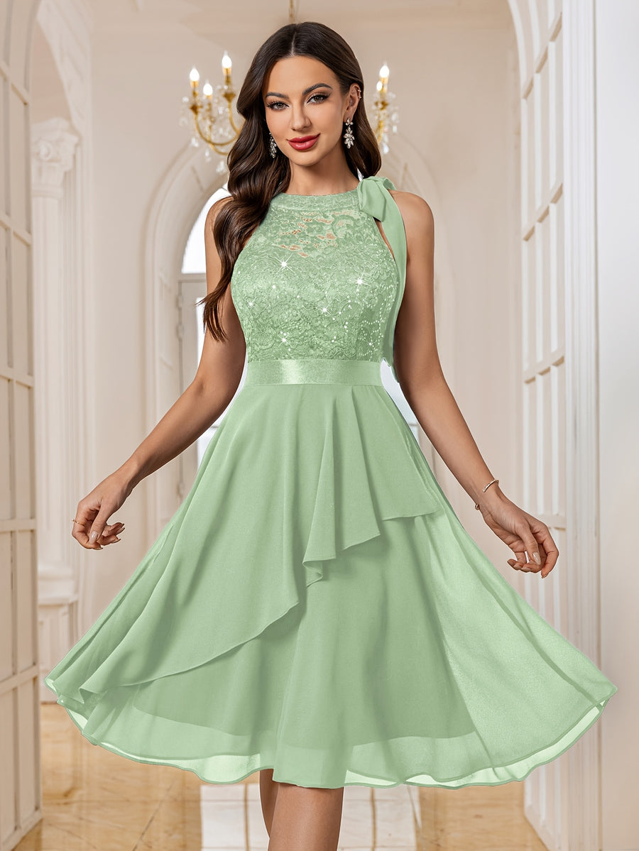 84170A Women's Elegant Round Neck Bow Tie Detail Back Cut-Out Sequin Lace Patchwork Chiffon Asymmetrical Ruffle Hem Midi Party Gown Evening Dress - Mint Green