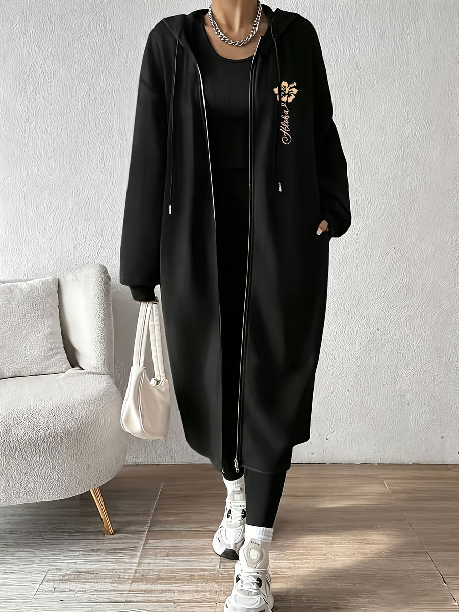 Women'S Fashion Color-Block Jacket Zipper Coat, Floral Letter Pattern Print - Black
