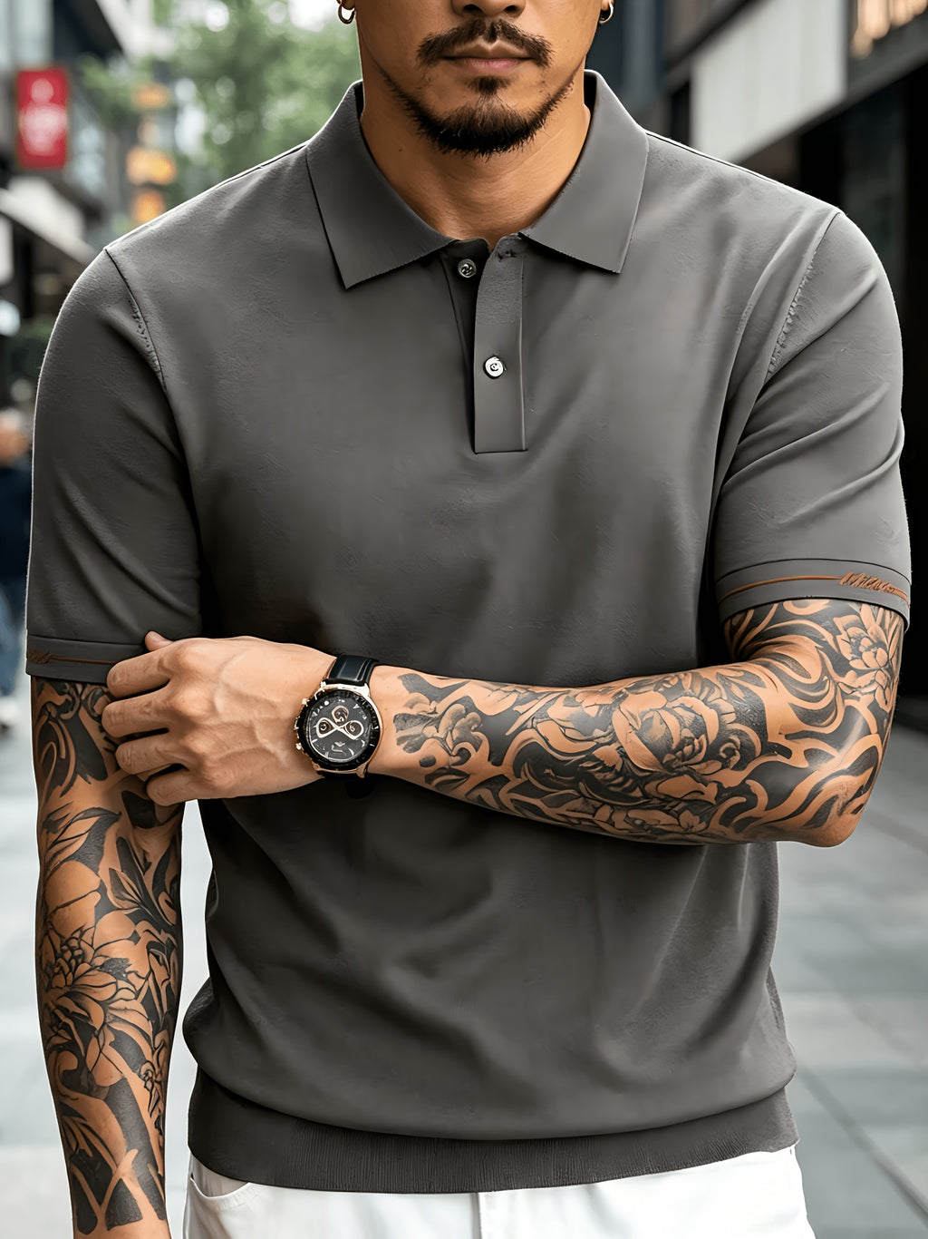 Men's Knitted Short-Sleeve Polo Shirt - Urban Street Scene Exterior Shot, Slim Fit, Lapel Collar, Two-Button, Business Casual Commuter Thin Top, Solid Color Knit Top with Embroidered Cuff Design - Rock Ash