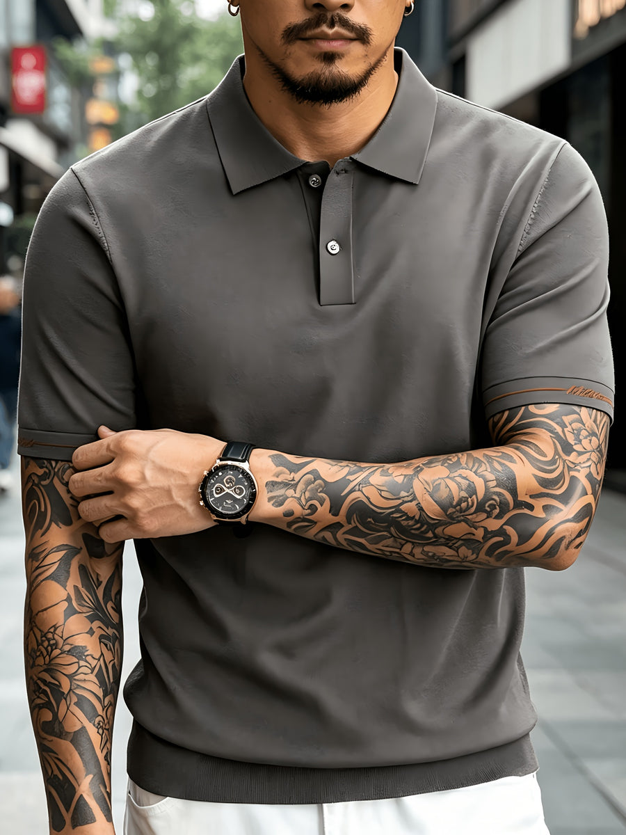 Men's Knitted Short-Sleeve Polo Shirt - Urban Street Scene Exterior Shot, Slim Fit, Lapel Collar, Two-Button, Business Casual Commuter Thin Top, Solid Color Knit Top with Embroidered Cuff Design - Rock Ash