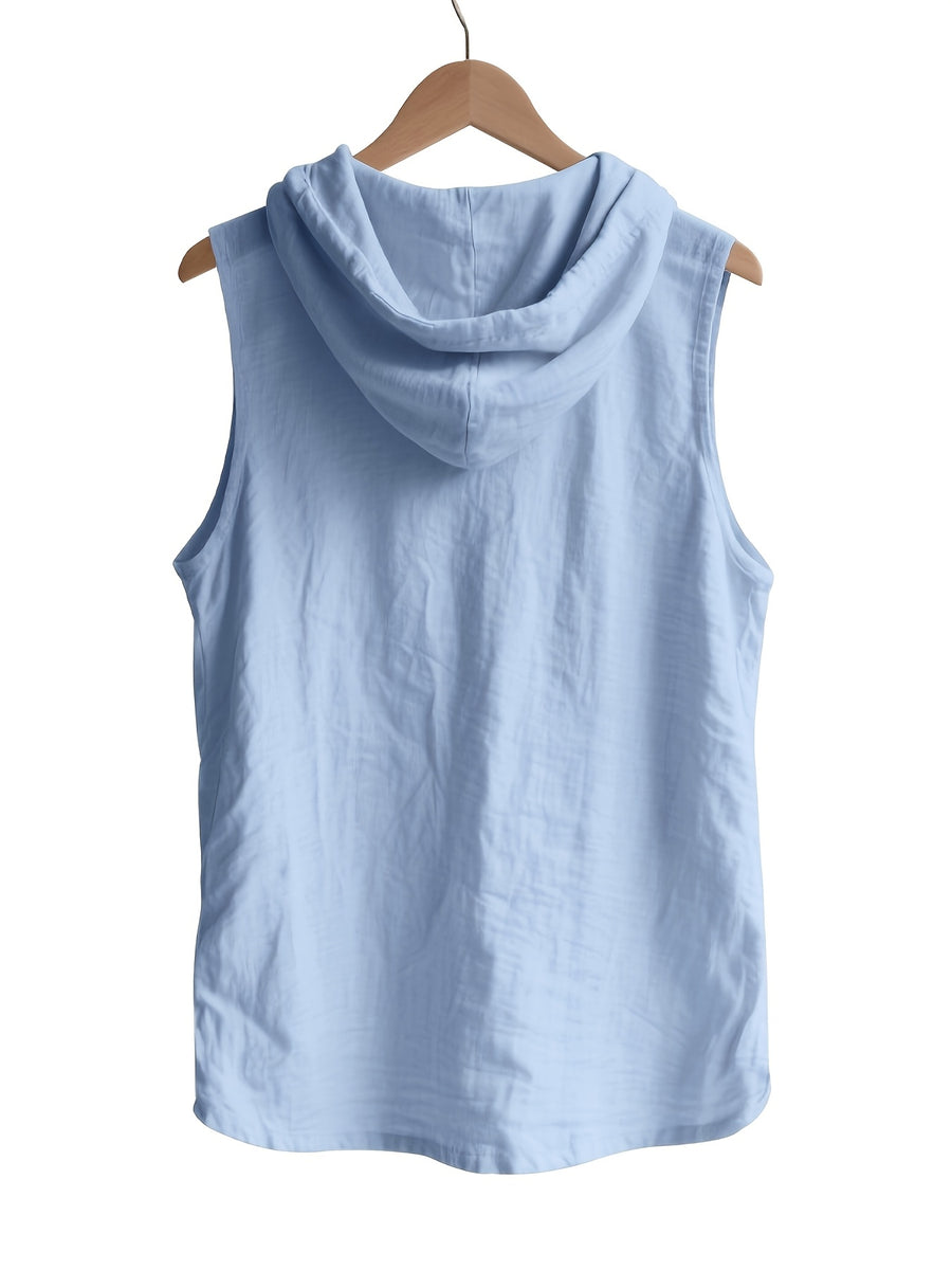 Pearson OBM Men's Sleeveless Hooded Shirt, Upgraded Textured Comfortable and Breathable Fabric Hooded Vest, Men's Linen Fashion Hoodie, Summer Top Casual and Lightweight with Button and Drawstring, Suitable for Outdoor Activities, Beach, and Coast - Light Blue
