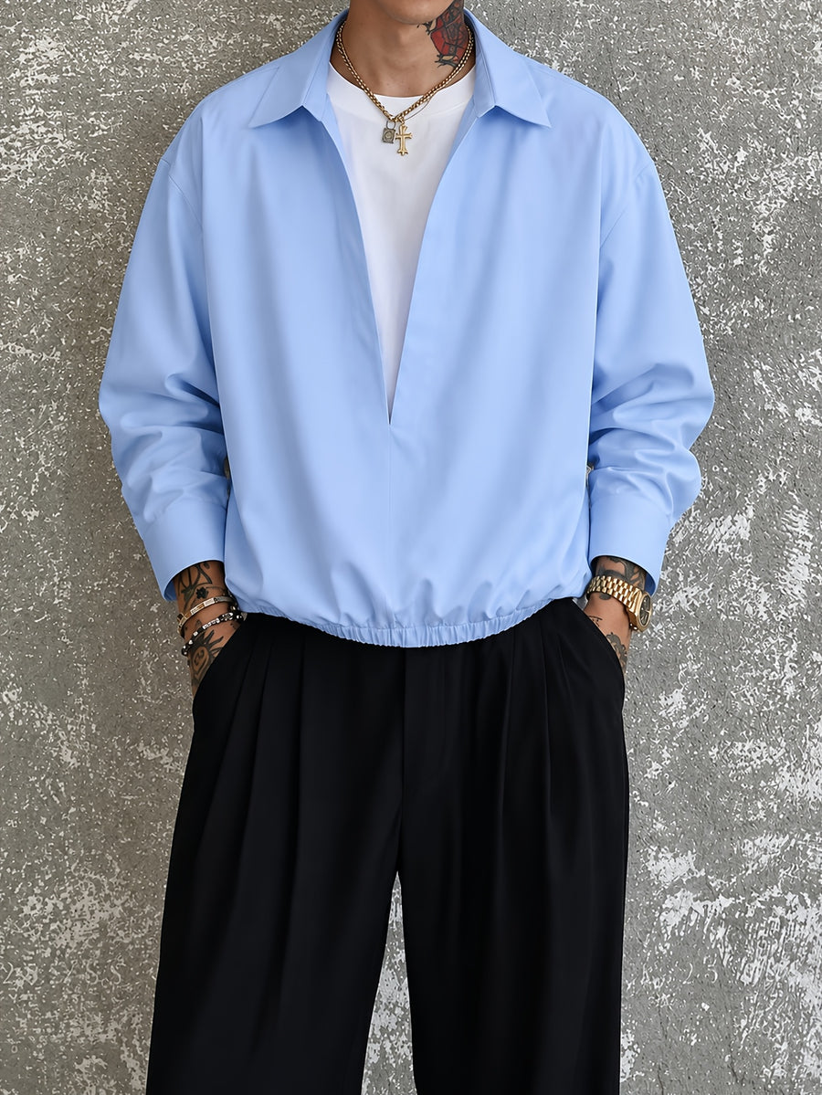 2-in-1 Look Double-Layer Long Sleeve Shirt, Color-Block Patchwork Casual Loose Fit Men's Top T-Shirt, Men's Shirt, Versatile V-Neck Lapel Pullover for Spring and Autumn, New Season - Sky Blue