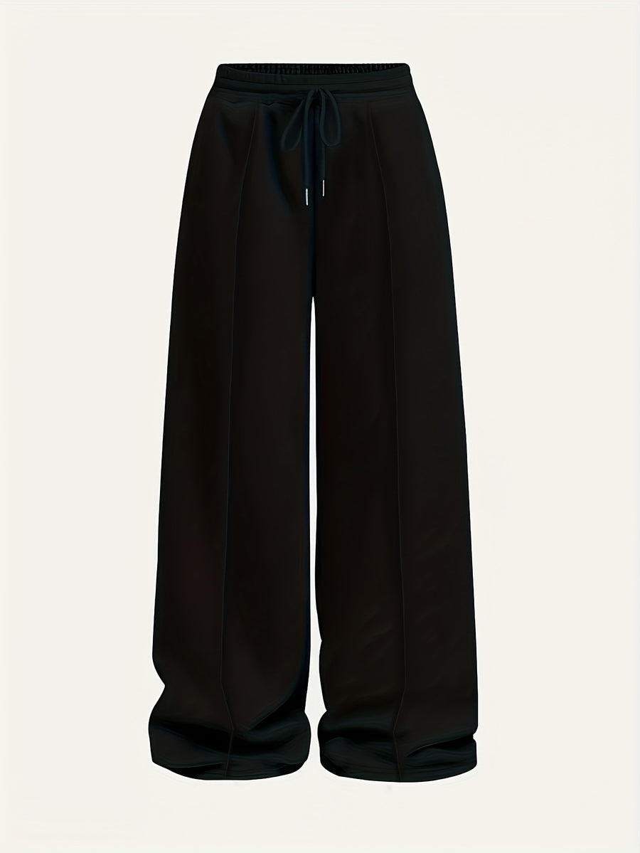 Casual Pants, Loose Wide-Leg Casual Pants, Elastic Waistband Athletic Pants, Warm Elastic Waistband Casual Pants for Women's Autumn/Winter Outerwear - Black