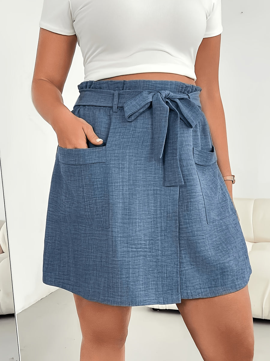 Vintage Bow-Knot Wide-Leg Pants Skirt - Short Tie-Strap Half-Skirt with Double Pocket, Bow Detail & Loose-Fit | Machine Washable Solid Color Suitable for Commuting, Office, Semi-Formal Wear - Summer Short Skirt Pants - Vibrant Blue